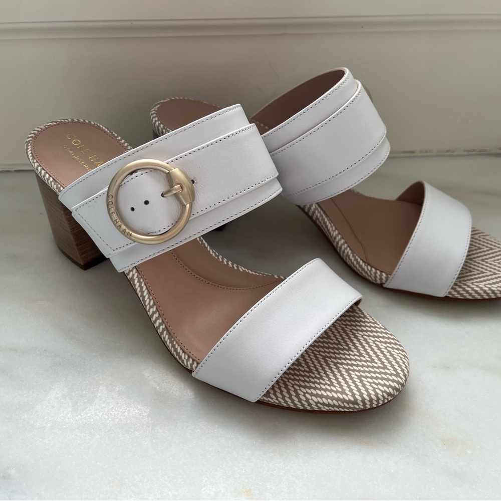 Cole Haan Size 9 Stacked Block Heel Slides White Woven Matte Gold Buckle NWB - Picture 2 of 9